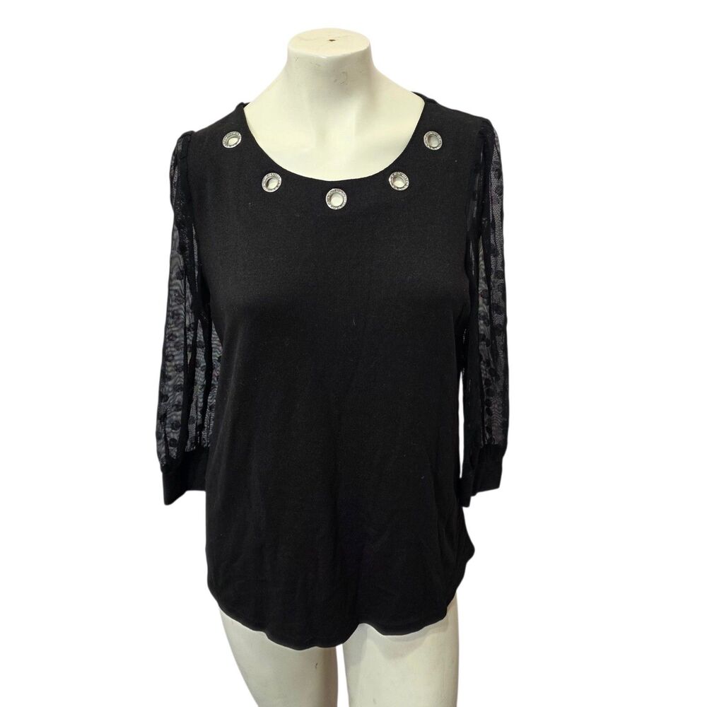 89th + Madison Womens L Black Mesh Swiss Dot Sleeve‎ Grommet Neck Knit Top EUC